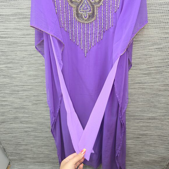 Indian Maxi Kaftan Dress Rhinestone Beaded Purple Chiffon Kimono Bohemian Boho - Picture 3 of 12
